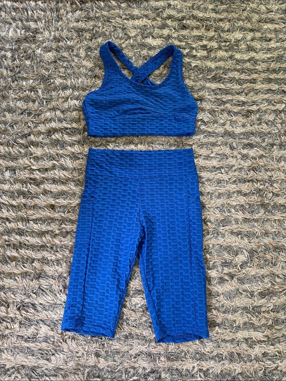 Textured Royal Blue Athleisure Set - Sports Bra & Capri Leggings Size S-M
